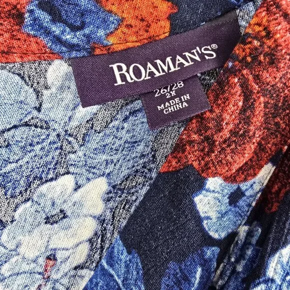 Roamans Womens Plus Size Wrap Dress Blue Red Floral 2X 26/28 Short Sleeve Rayon - Picture 4 of 8